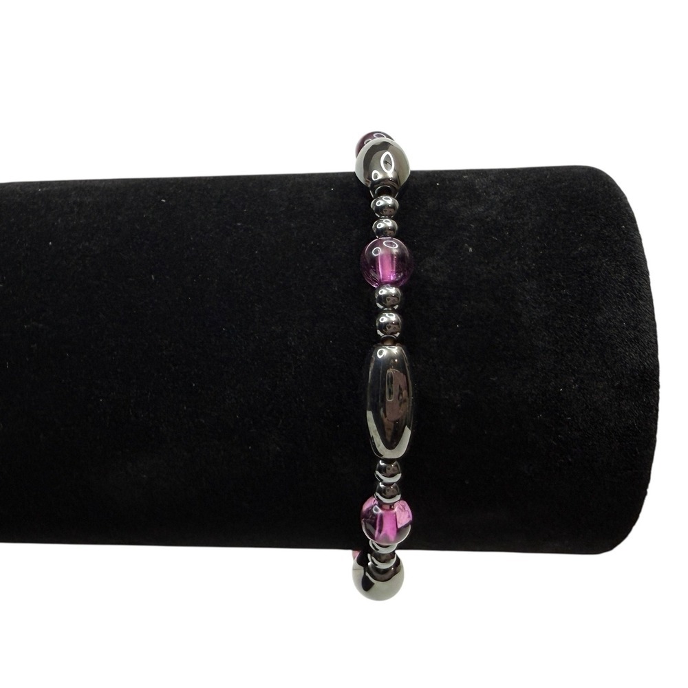 Gray Hematite Purple Glass Beaded Bracelet Stretch Band Fashion Jewelry